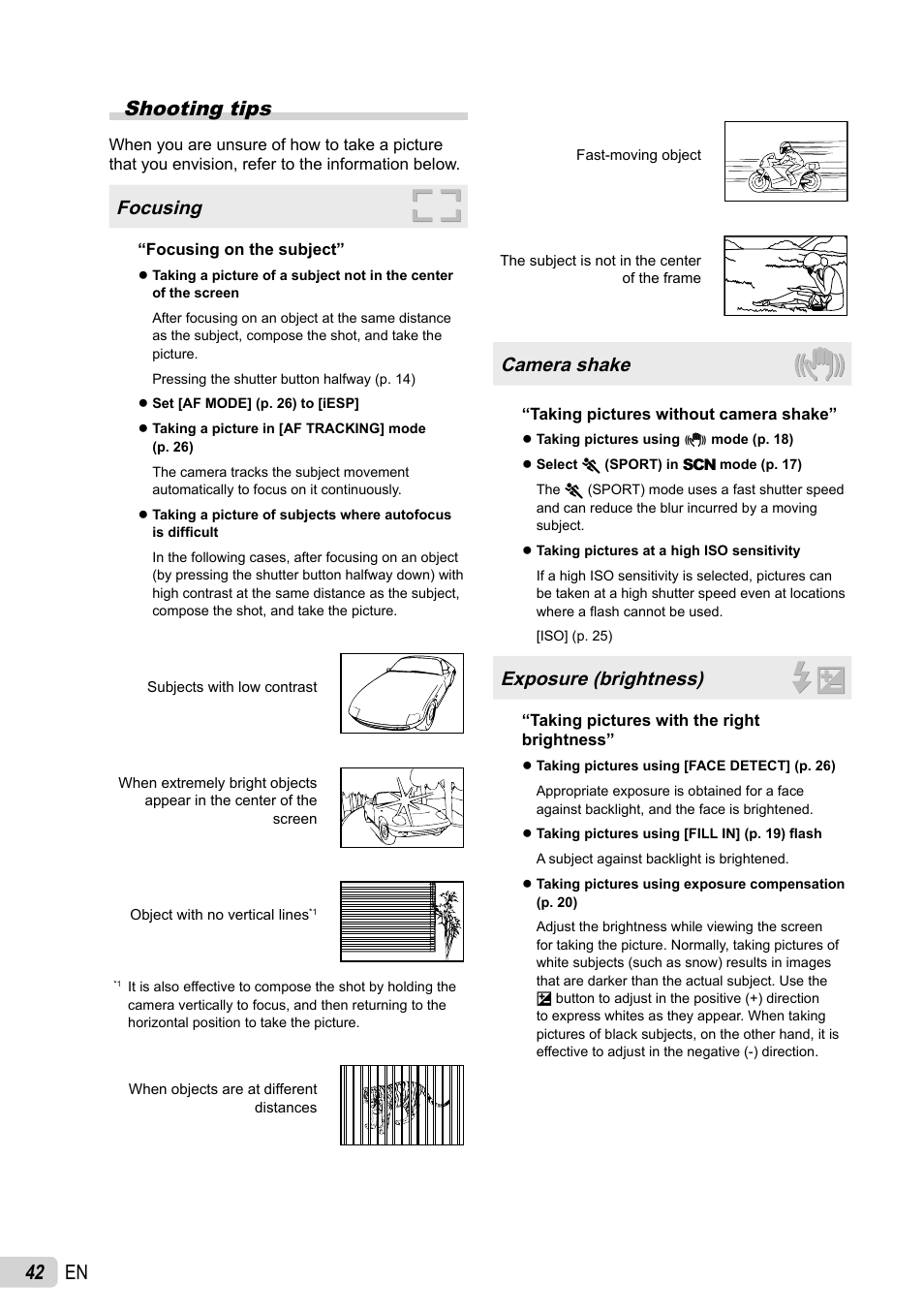42 en shooting tips, Focusing, Camera shake | Exposure (brightness) | Olympus FE-26 User Manual | Page 42 / 60