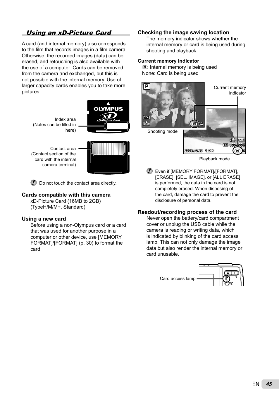45 en using an xd-picture card | Olympus FE-26 User Manual | Page 45 / 60