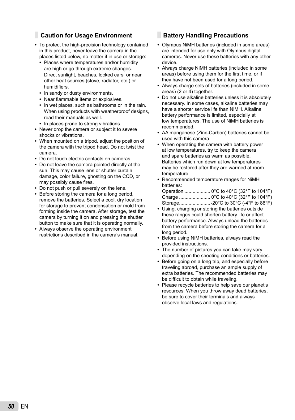 50 en, Caution for usage environment, Battery handling precautions | Olympus FE-26 User Manual | Page 50 / 60