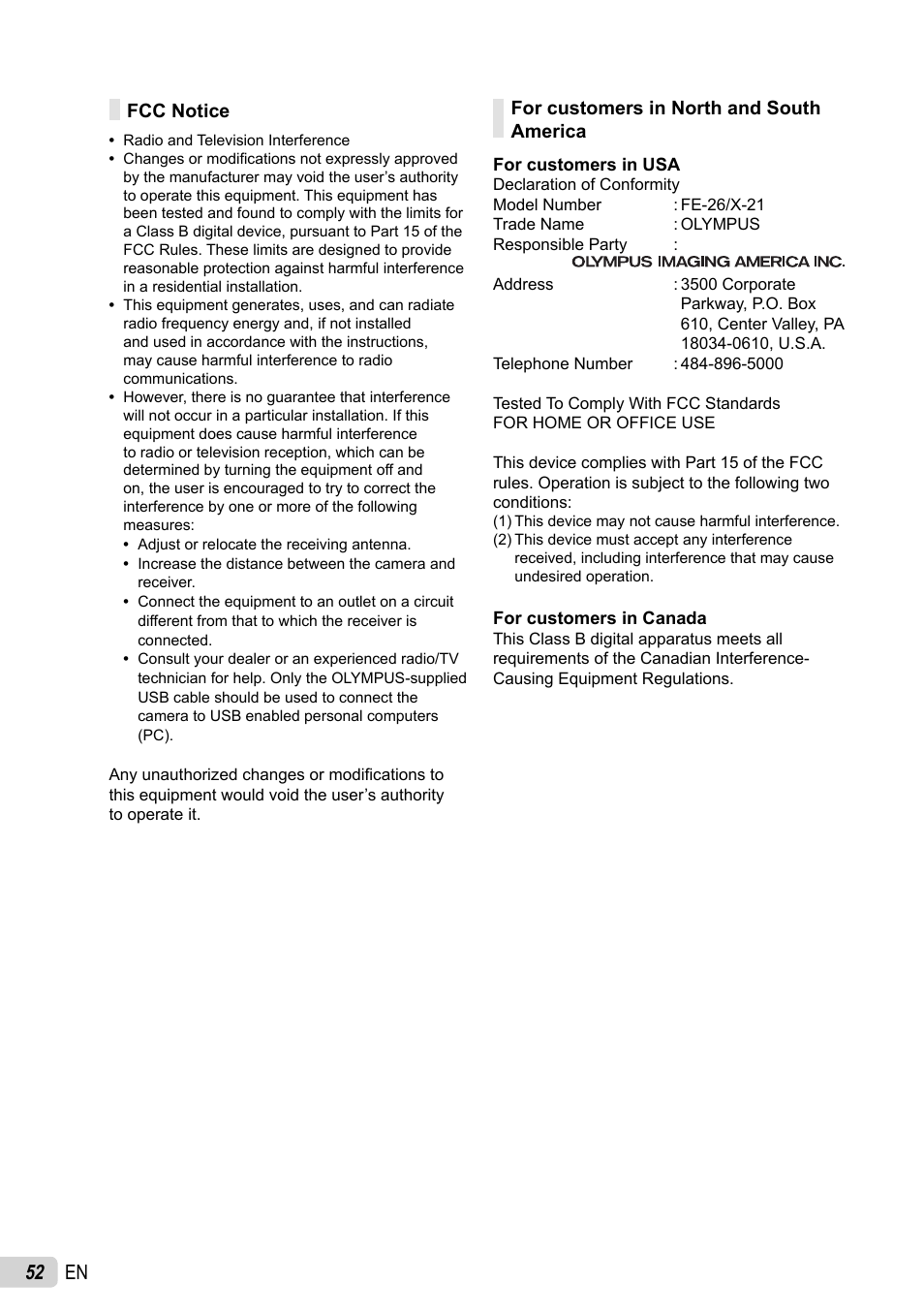 52 en | Olympus FE-26 User Manual | Page 52 / 60