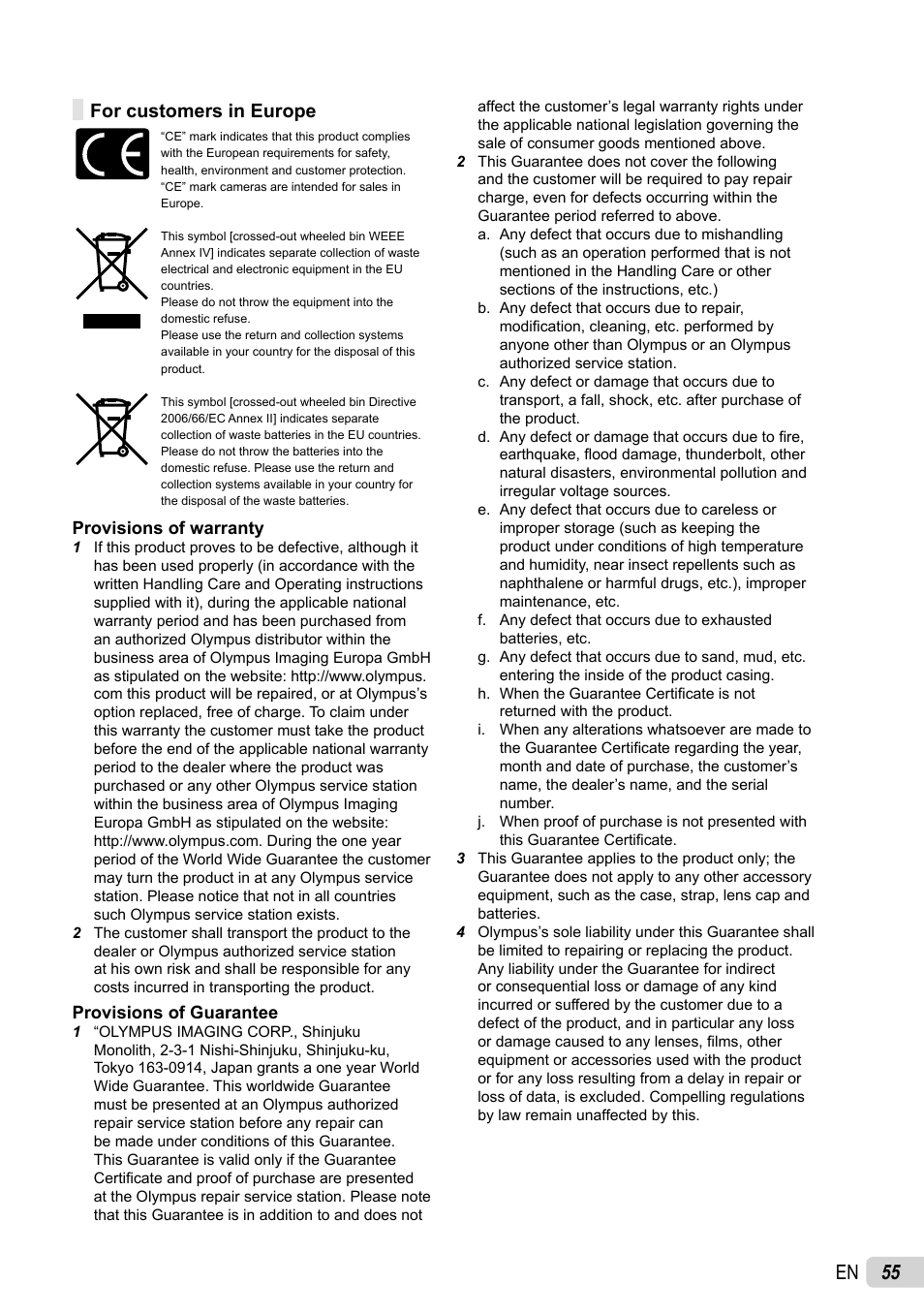 55 en, For customers in europe | Olympus FE-26 User Manual | Page 55 / 60