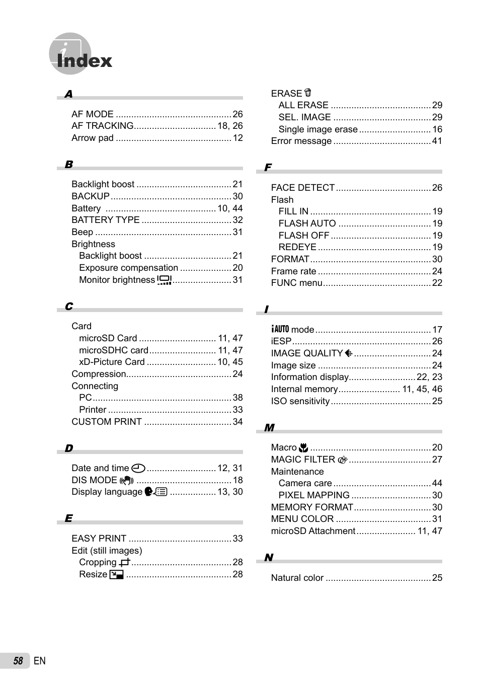 Index | Olympus FE-26 User Manual | Page 58 / 60