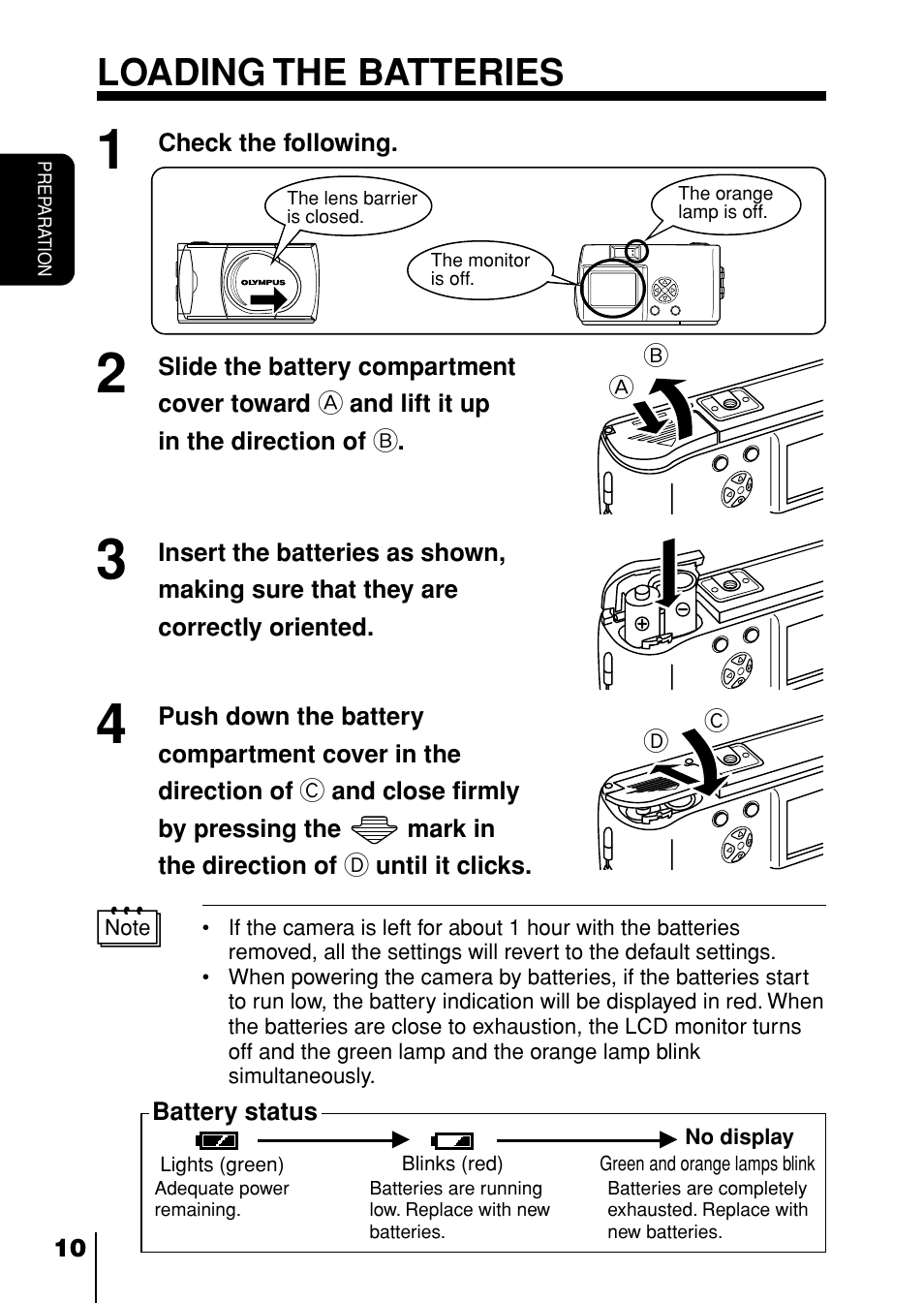 Loading the batteries, P. 10 | Olympus D-230 User Manual | Page 11 / 116