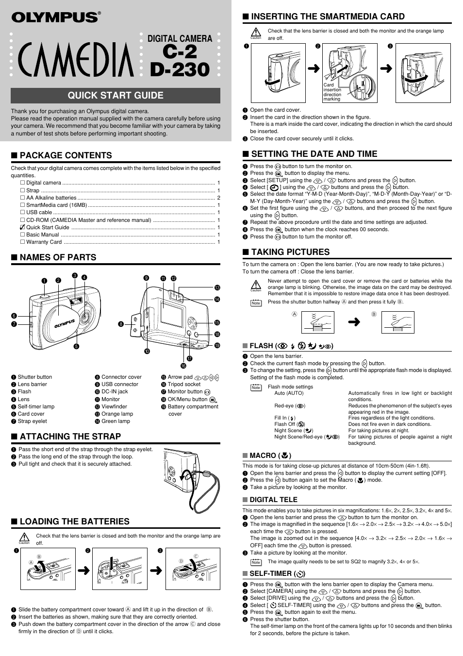 Quick start guide, C-2 d-230, Digital camera | Package contents, Names of parts, Attaching the strap, Loading the batteries, Inserting the smartmedia card, Setting the date and time, Taking pictures | Olympus D-230 User Manual | Page 115 / 116