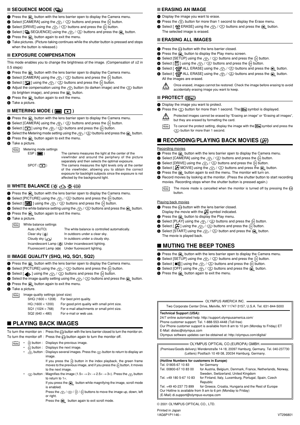 Playing back images, Recording/playing back movies ( ), Muting the beep tones | Sequence mode ( ), Exposure compensation, Metering mode ( ), White balance ( ), Image quality (shq, hq, sq1, sq2), Erasing an image, Erasing all images | Olympus D-230 User Manual | Page 116 / 116