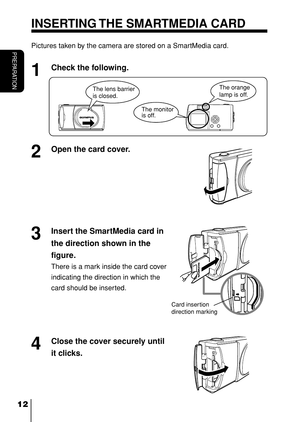 Inserting the smartmedia card | Olympus D-230 User Manual | Page 13 / 116