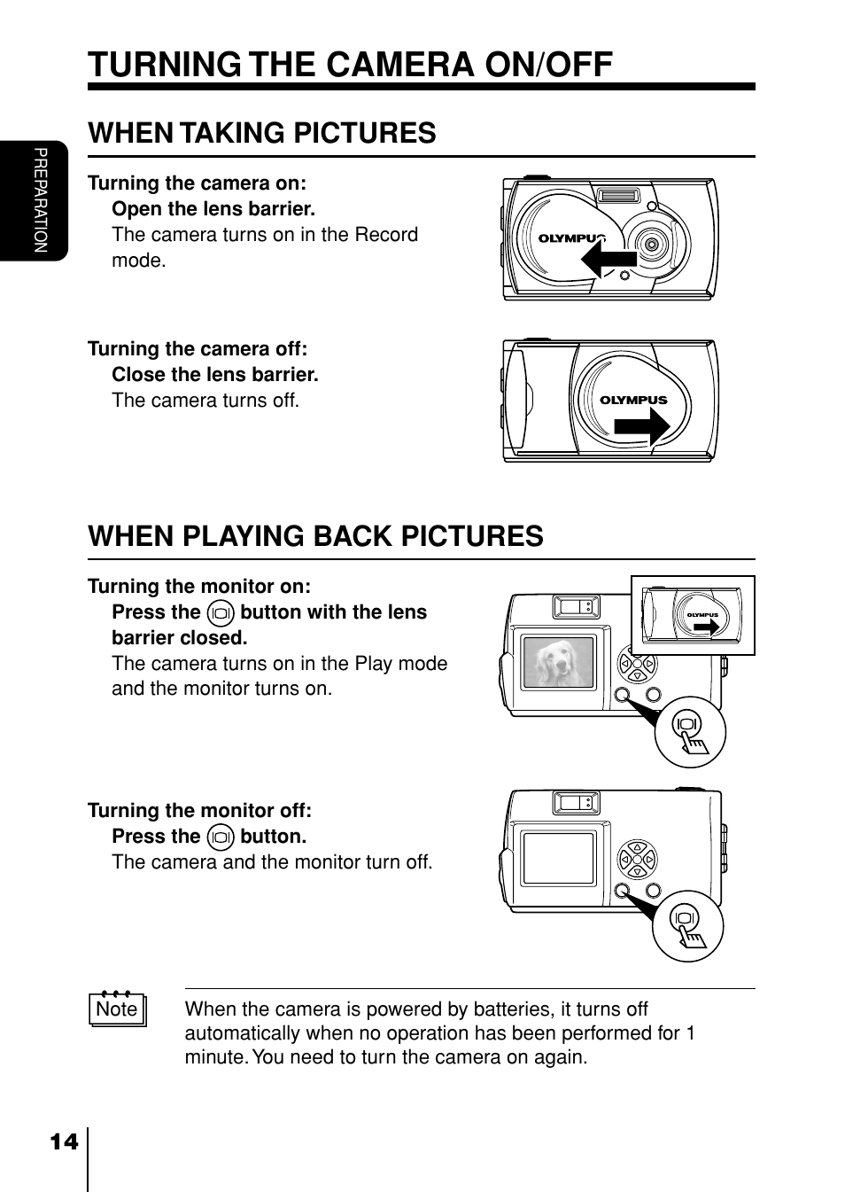 Turning the camera on/off, When taking pictures, When playing back pictures | When taking pictures when playing back pictures | Olympus D-230 User Manual | Page 15 / 116