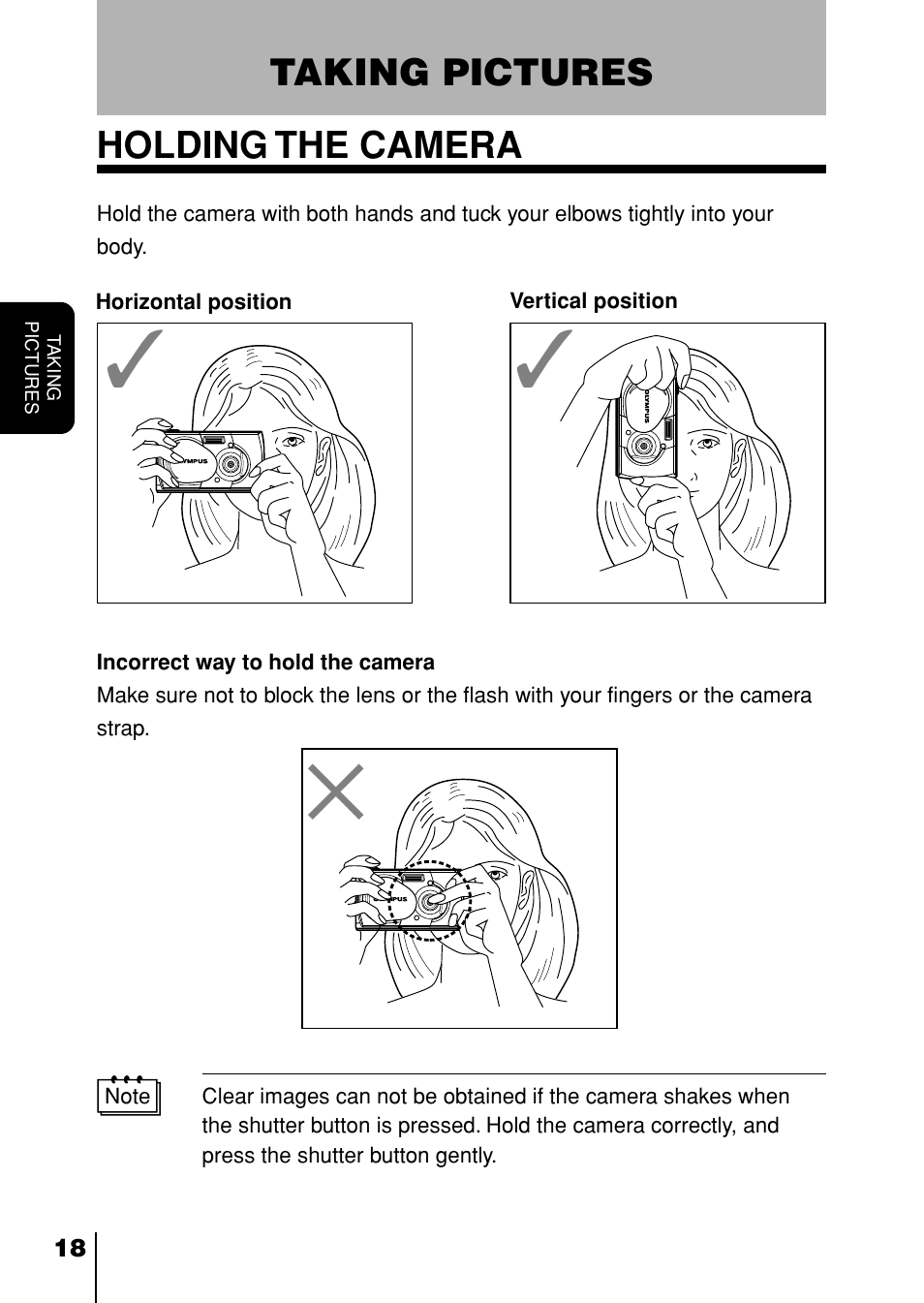 Taking pictures, Holding the camera, Taking pictures holding the camera | Olympus D-230 User Manual | Page 19 / 116