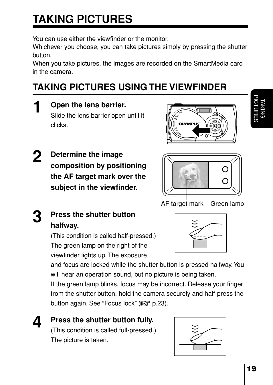 Taking pictures, Taking pictures using the viewfinder | Olympus D-230 User Manual | Page 20 / 116