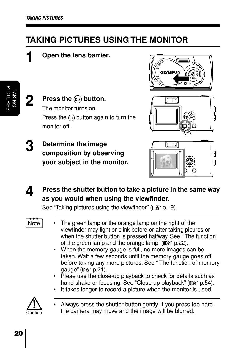 Taking pictures using the monitor | Olympus D-230 User Manual | Page 21 / 116