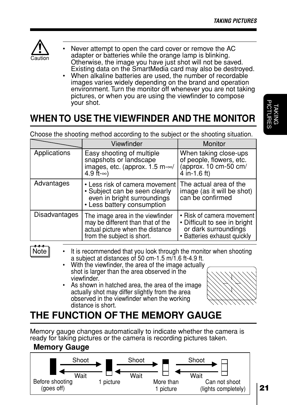 When to use the viewfinder and the monitor, The function of the memory gauge, P. 21 | P.21) | Olympus D-230 User Manual | Page 22 / 116