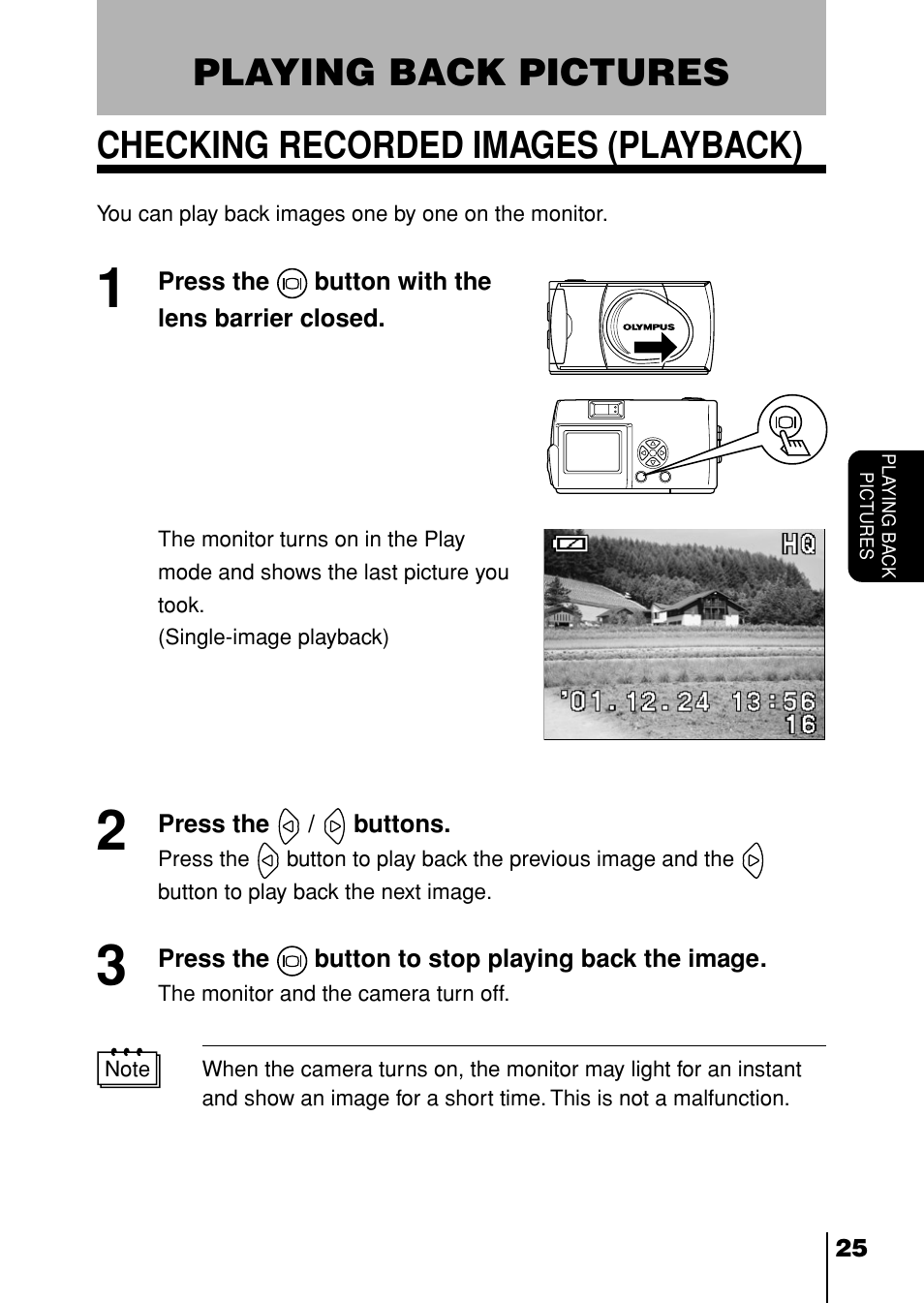 Playing back pictures, Checking recorded images (playback) | Olympus D-230 User Manual | Page 26 / 116