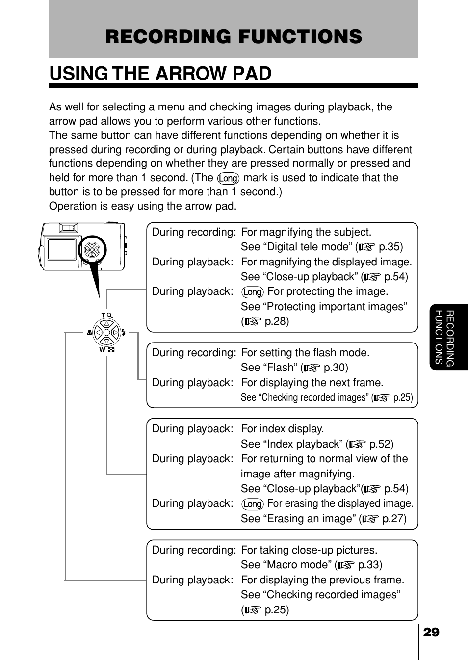 Recording functions, Using the arrow pad, Recording functions using the arrow pad | Olympus D-230 User Manual | Page 30 / 116