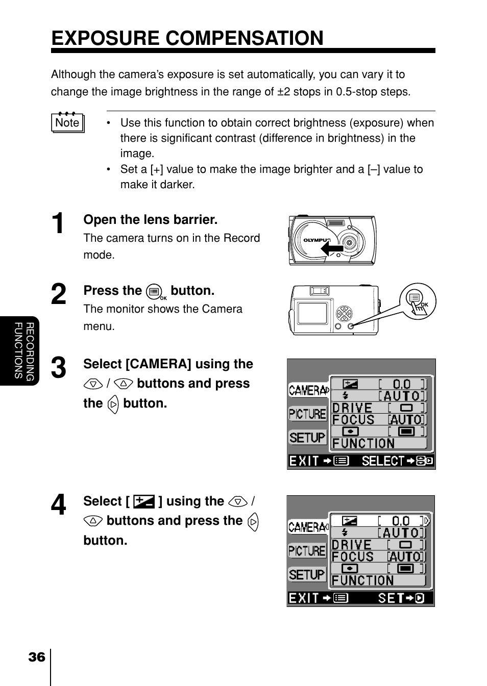 Exposure compensation, P. 36 | Olympus D-230 User Manual | Page 37 / 116