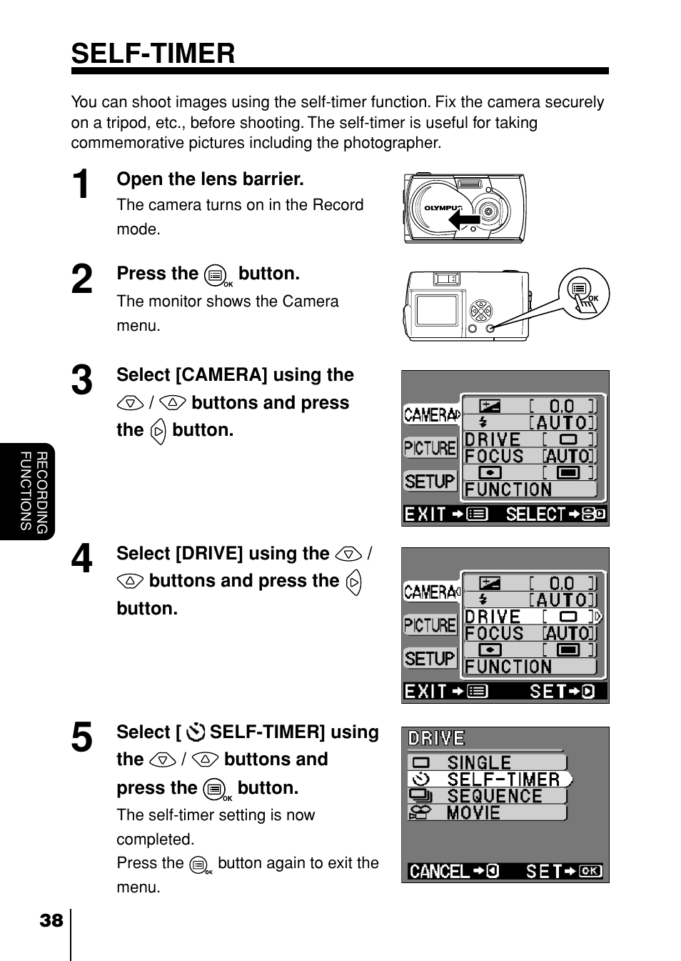 Self-timer, P. 38, 40, 57 | Olympus D-230 User Manual | Page 39 / 116