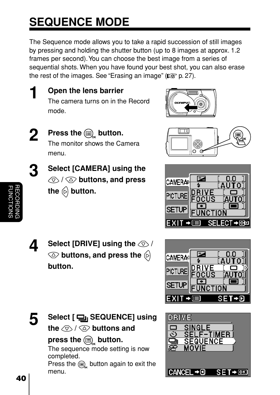 Sequence mode | Olympus D-230 User Manual | Page 41 / 116