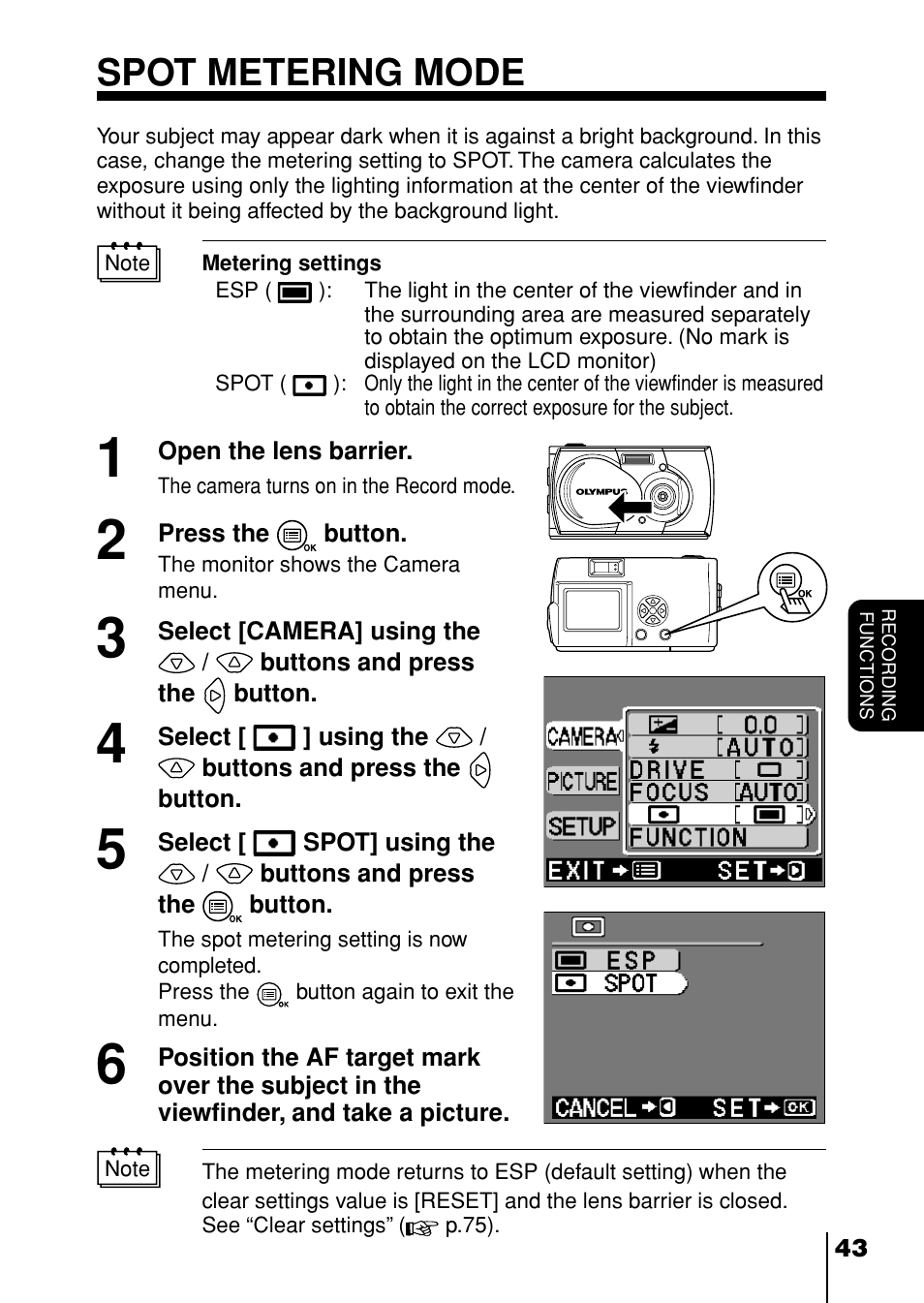 Spot metering mode, P. 43 | Olympus D-230 User Manual | Page 44 / 116