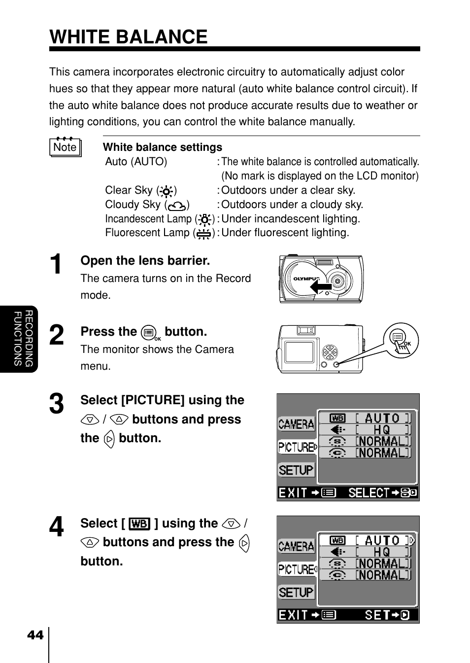White balance, P. 44 | Olympus D-230 User Manual | Page 45 / 116