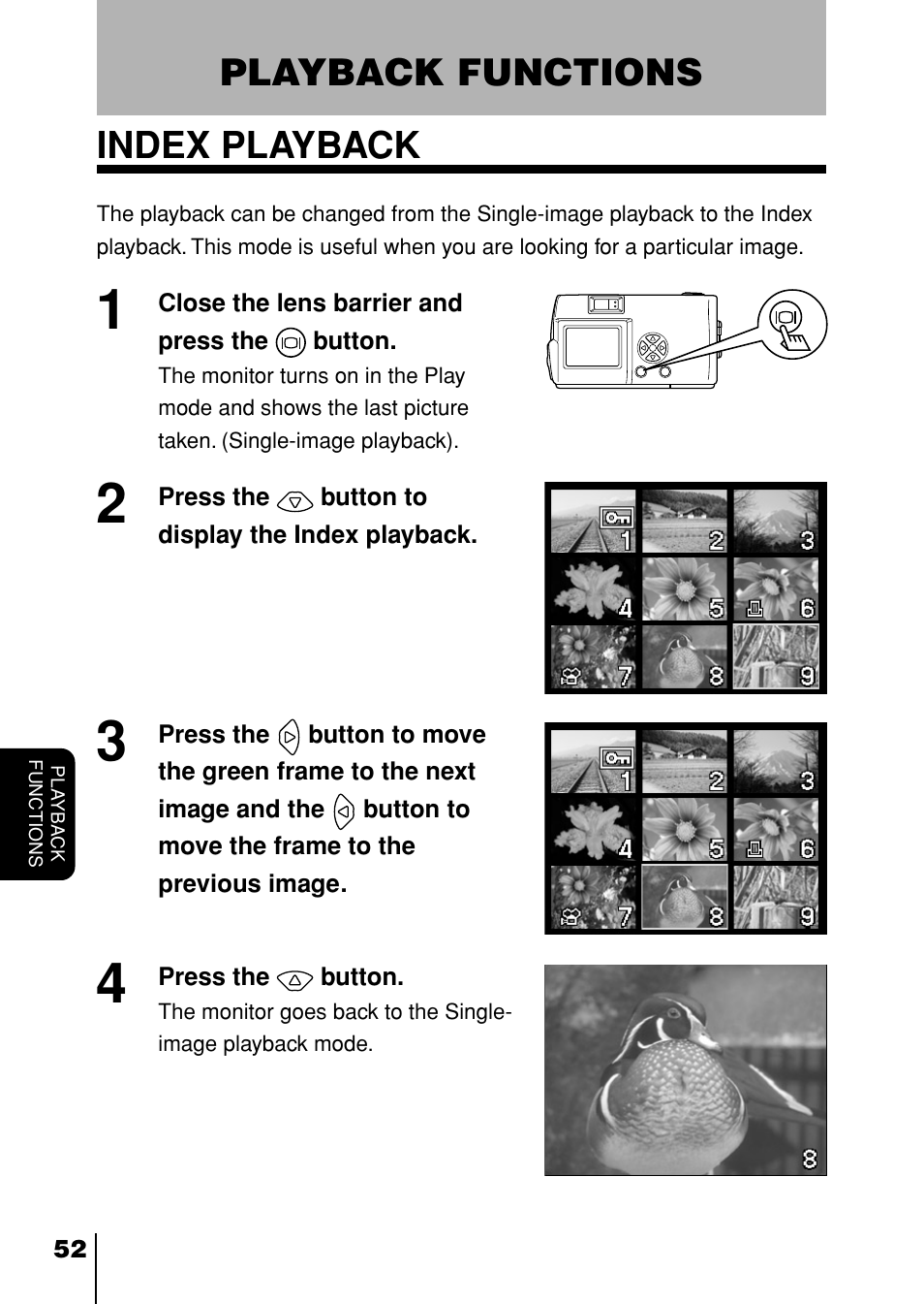 Playback functions, Index playback, P.52) | Playback functions index playback | Olympus D-230 User Manual | Page 53 / 116