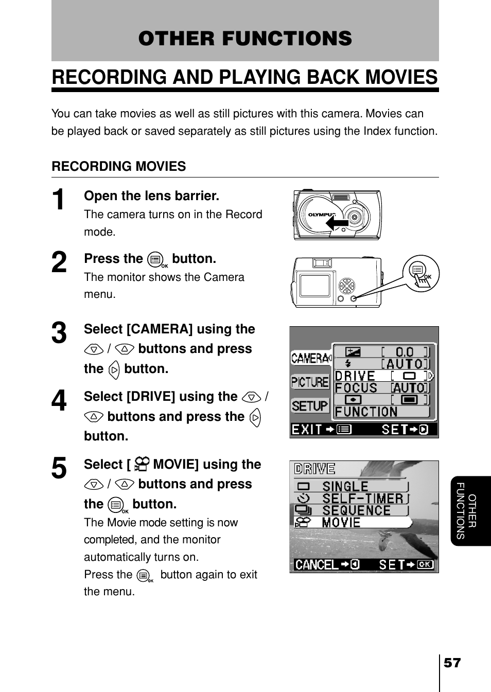 Other functions, Recording and playing back movies, P. 57, 79 | Other functions recording and playing back movies | Olympus D-230 User Manual | Page 58 / 116