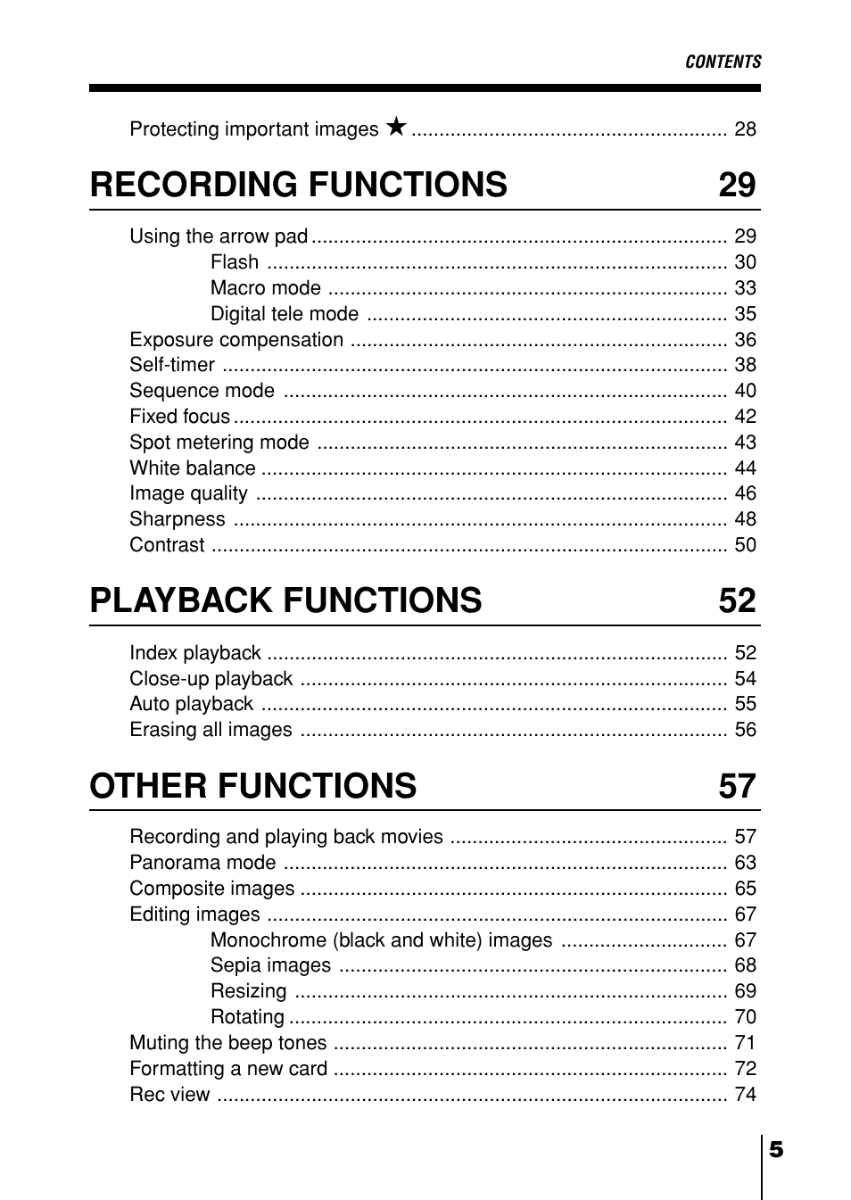 Recording functions 29, Playback functions 52, Other functions 57 | Olympus D-230 User Manual | Page 6 / 116