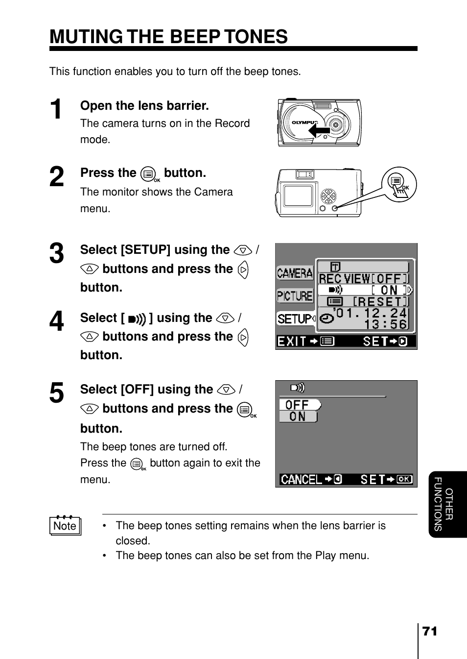 Muting the beep tones | Olympus D-230 User Manual | Page 72 / 116