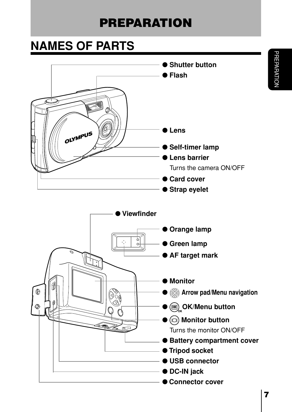Preparation, Names of parts, Preparation names of parts | Olympus D-230 User Manual | Page 8 / 116