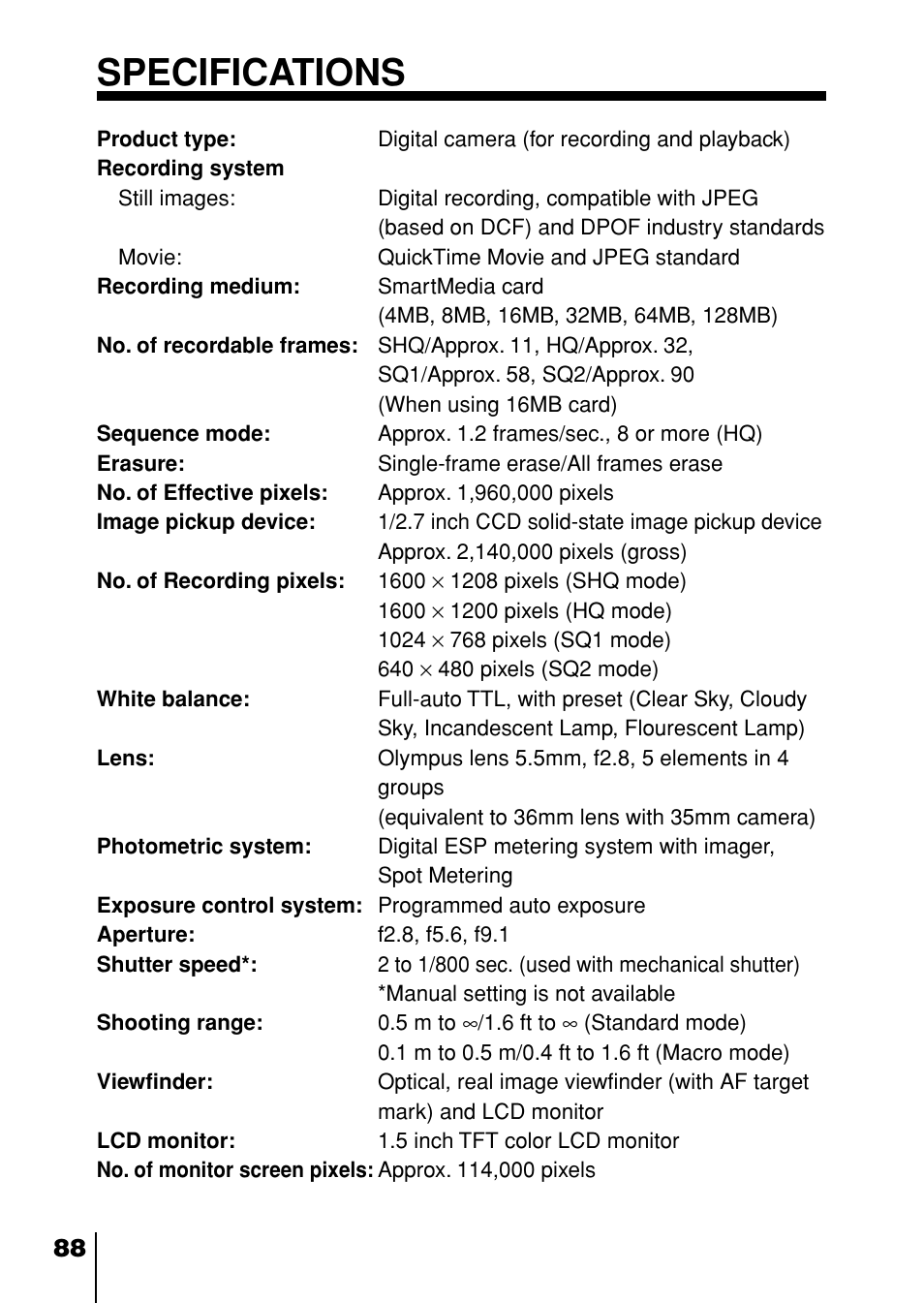 Specifications | Olympus D-230 User Manual | Page 89 / 116