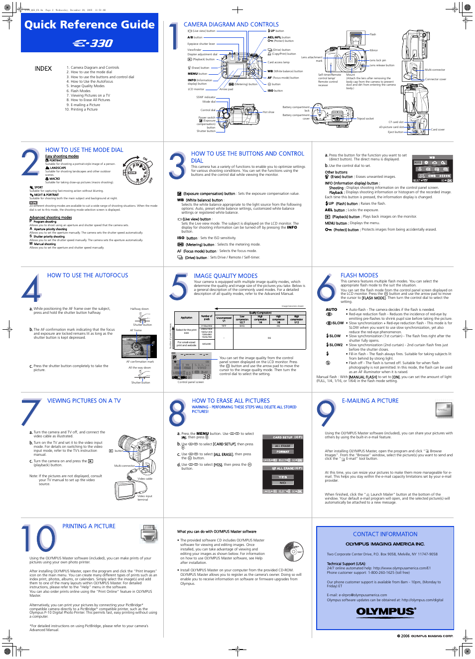 Quick reference guide, Index, Camera diagram and controls | How to use the mode dial, How to use the buttons and control dial, How to use the autofocus, Image quality modes, Flash modes, Viewing pictures on a tv, How to erase all pictures | Olympus EVOLT E-330 User Manual | Page 2 / 2