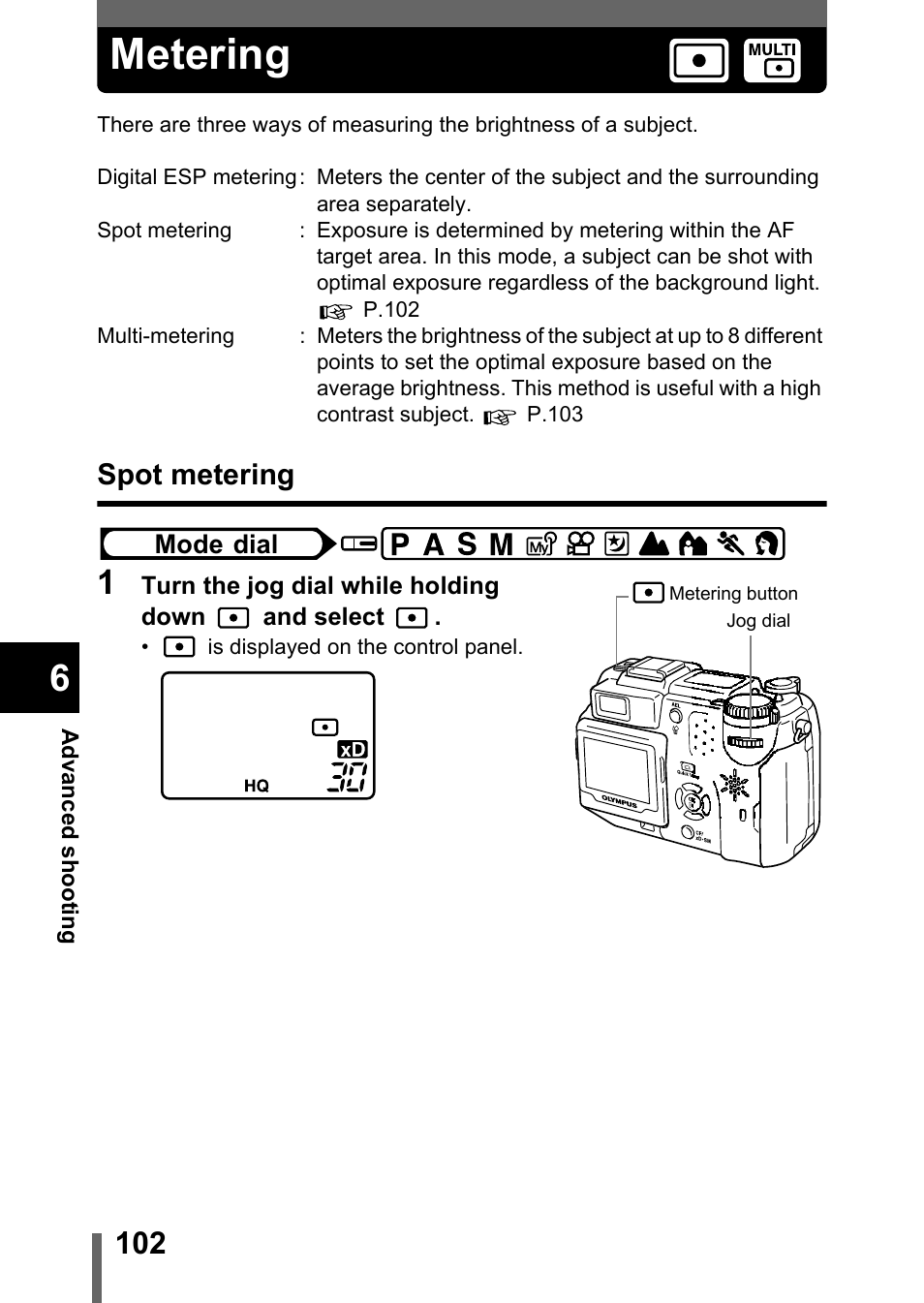 Metering, Spot metering, P.102 | Olympus C-5050 Zoom User Manual | Page 103 / 268