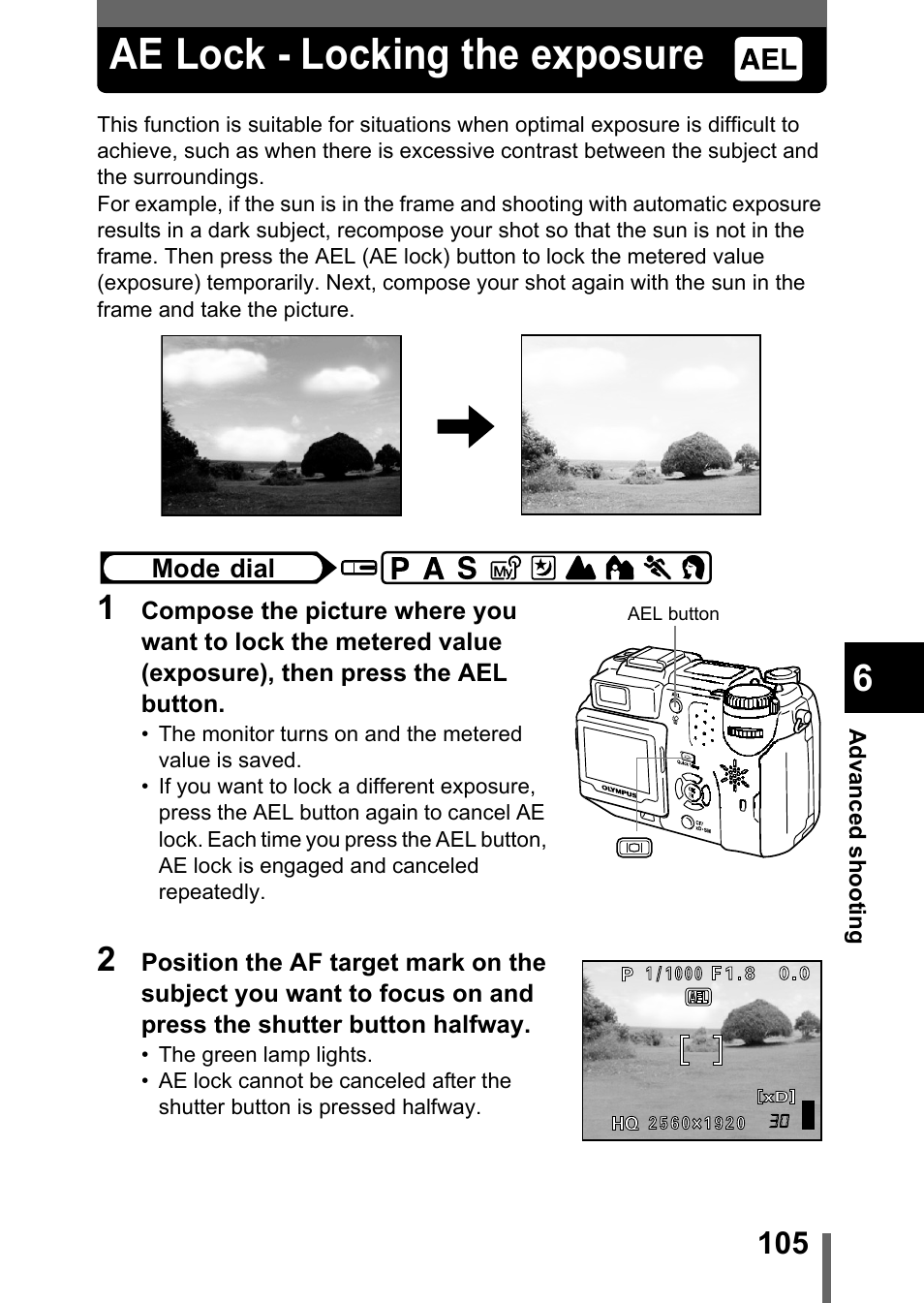 Ae lock - locking the exposure, P.105, P.105) | Olympus C-5050 Zoom User Manual | Page 106 / 268