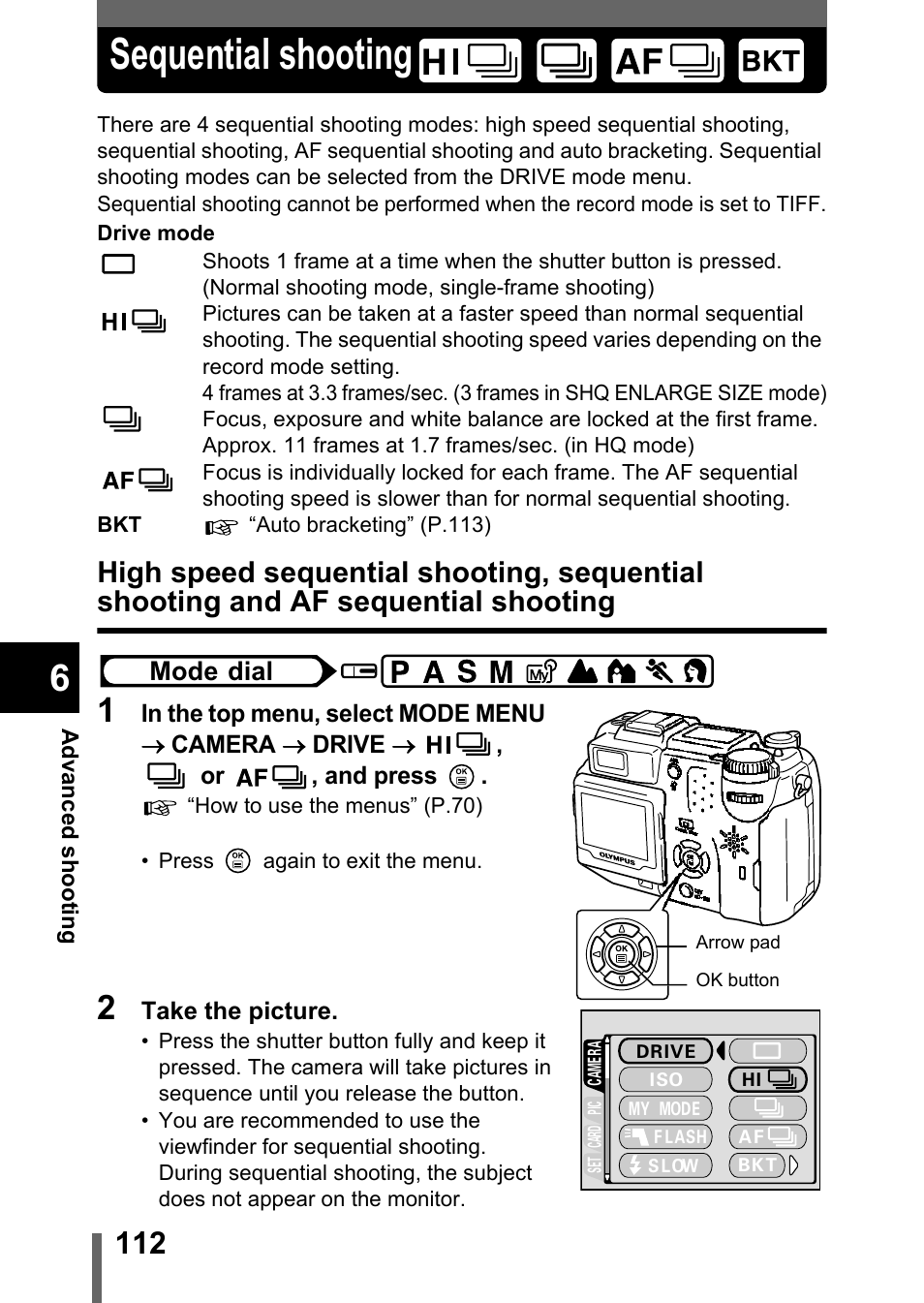 Sequential shooting, And af sequential shooting, P.112 | Olympus C-5050 Zoom User Manual | Page 113 / 268