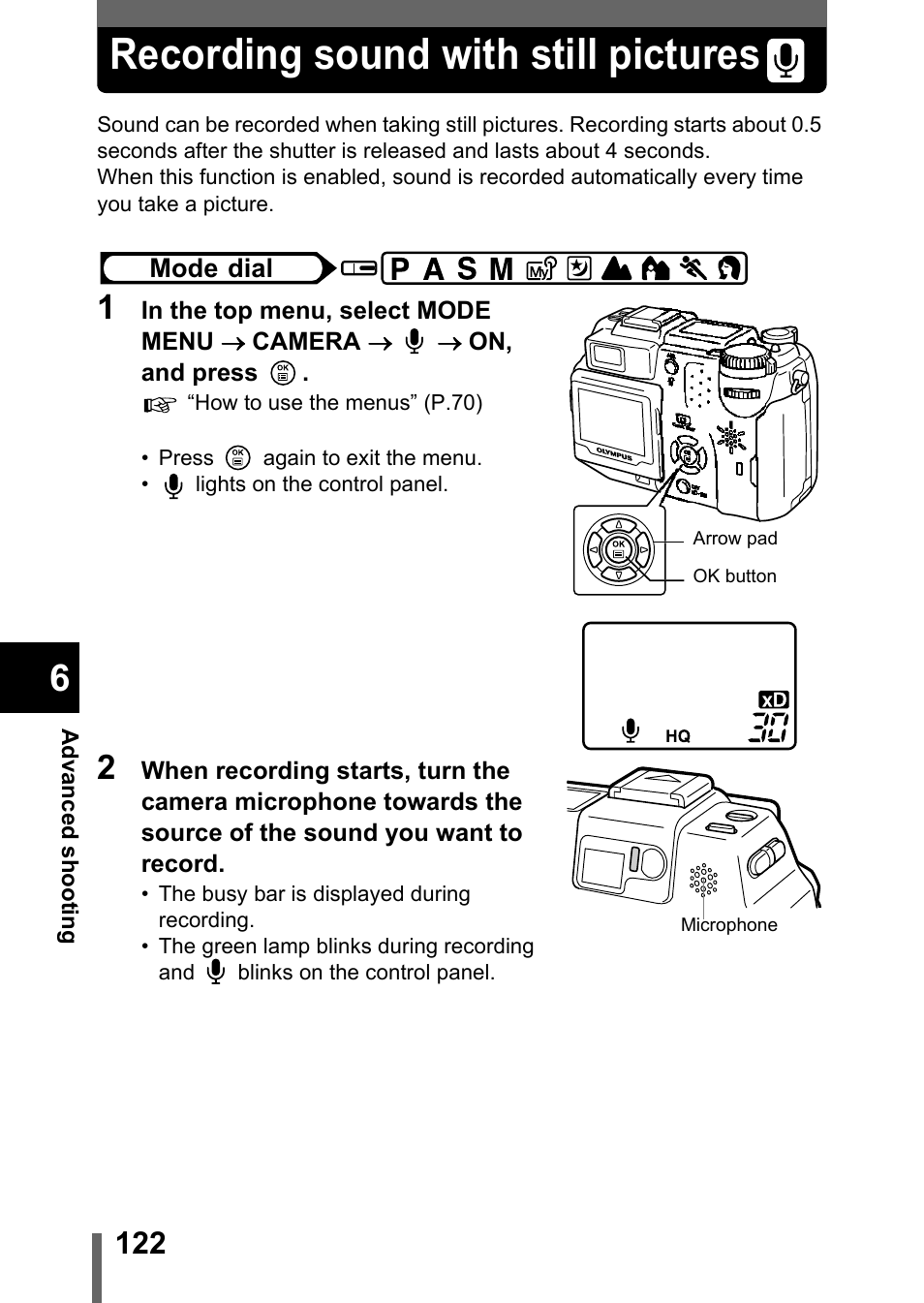 Recording sound with still pictures, P.122, P.122, 124 | Recording sound with still pictures” (p.122) | Olympus C-5050 Zoom User Manual | Page 123 / 268