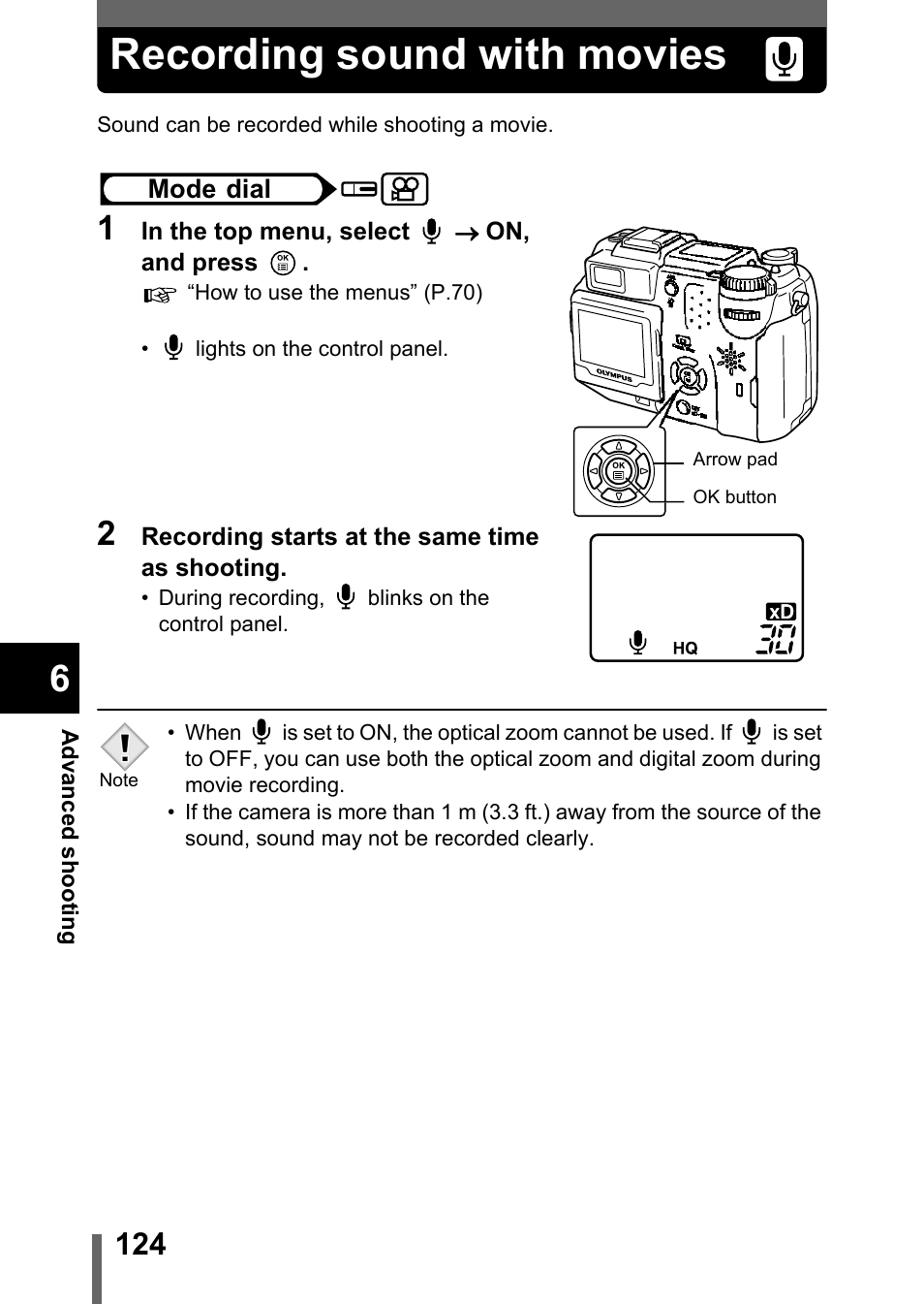 Recording sound with movies, Recording sound with movies” (p.124), P.124 | Olympus C-5050 Zoom User Manual | Page 125 / 268