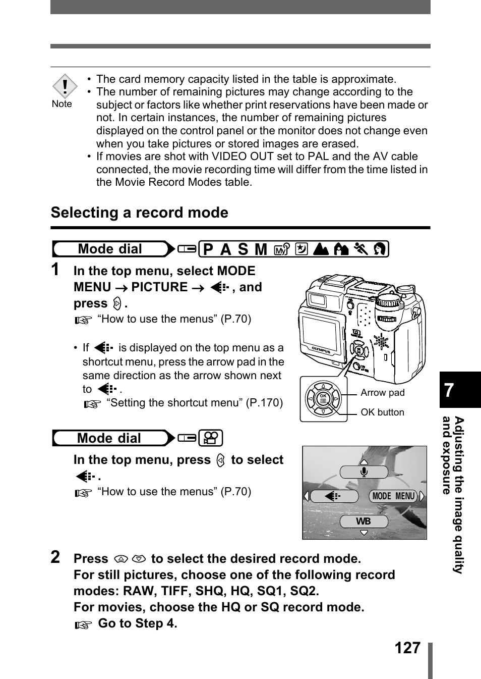Selecting a record mode | Olympus C-5050 Zoom User Manual | Page 128 / 268