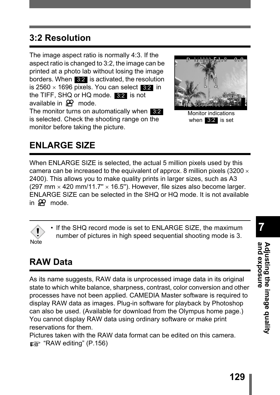 2 resolution, Enlarge size, Raw data | 2 resolution enlarge size raw data | Olympus C-5050 Zoom User Manual | Page 130 / 268