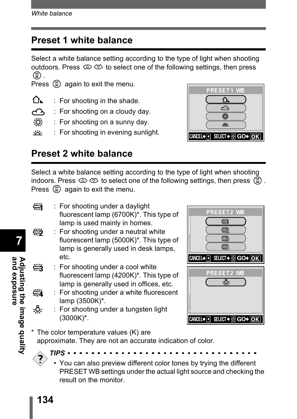 Preset 1 white balance, Preset 2 white balance, Preset 1 white balance preset 2 white balance | Olympus C-5050 Zoom User Manual | Page 135 / 268