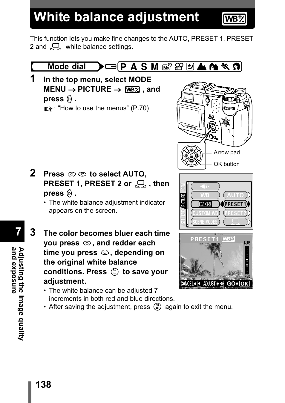 White balance adjustment, P.138 | Olympus C-5050 Zoom User Manual | Page 139 / 268