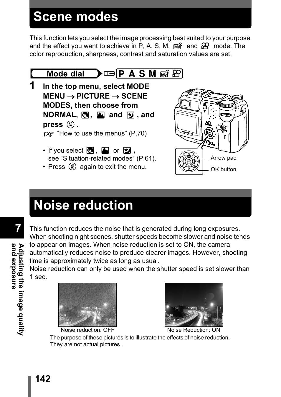 Scene modes, Noise reduction, Scene modes noise reduction | P.142 | Olympus C-5050 Zoom User Manual | Page 143 / 268