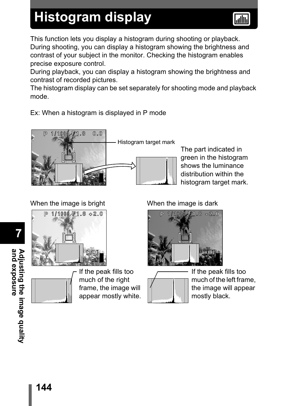 Histogram display, P.144, Histogram | Display” (p.144) | Olympus C-5050 Zoom User Manual | Page 145 / 268