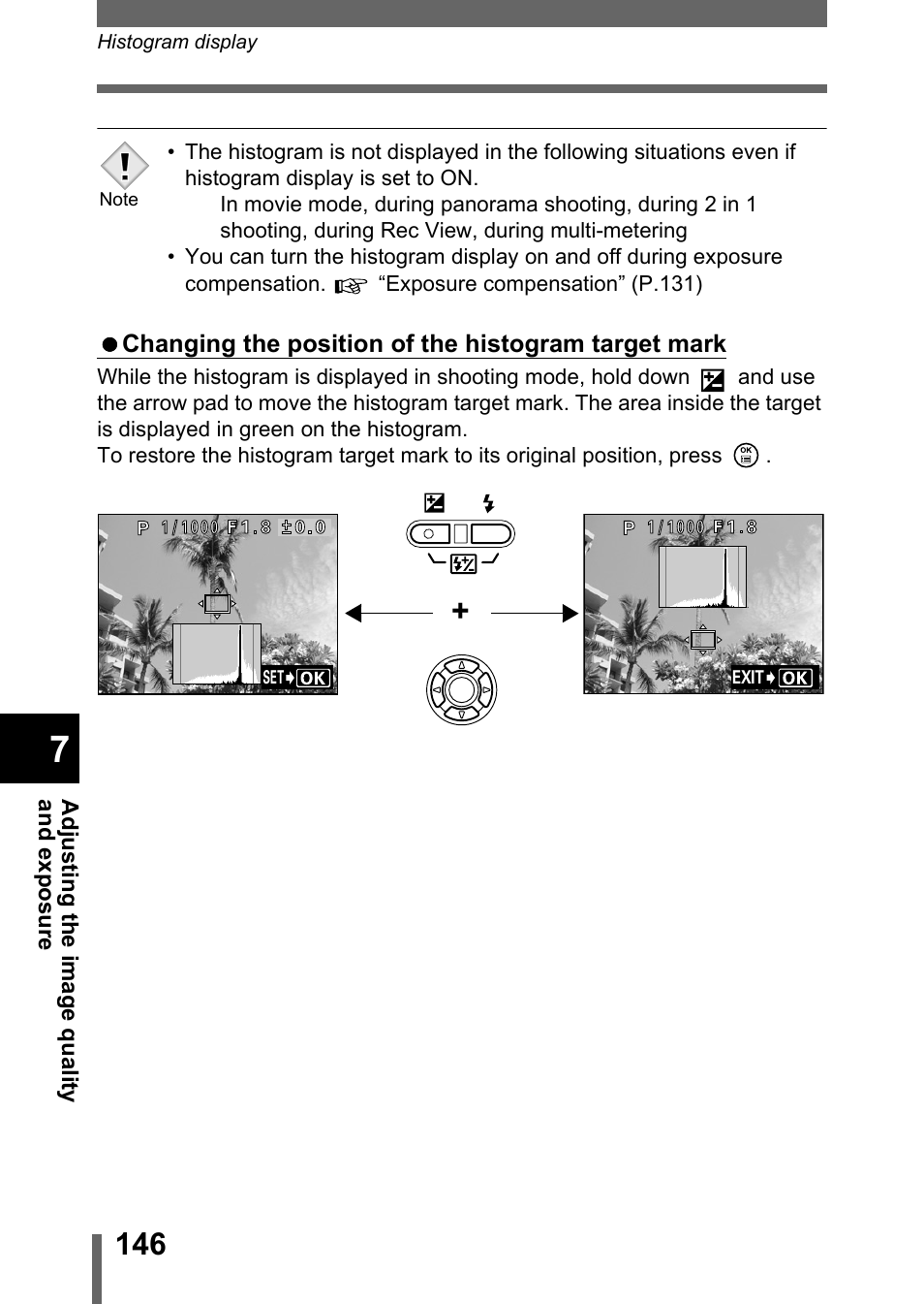 Changing the position of the, Histogram target mark” (p.146) | Olympus C-5050 Zoom User Manual | Page 147 / 268