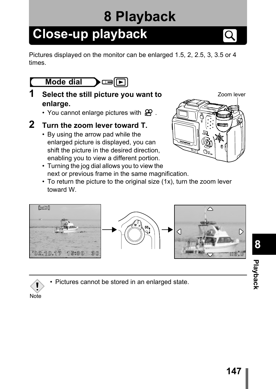 8 playback, Close-up playback, Playback | P.147 | Olympus C-5050 Zoom User Manual | Page 148 / 268