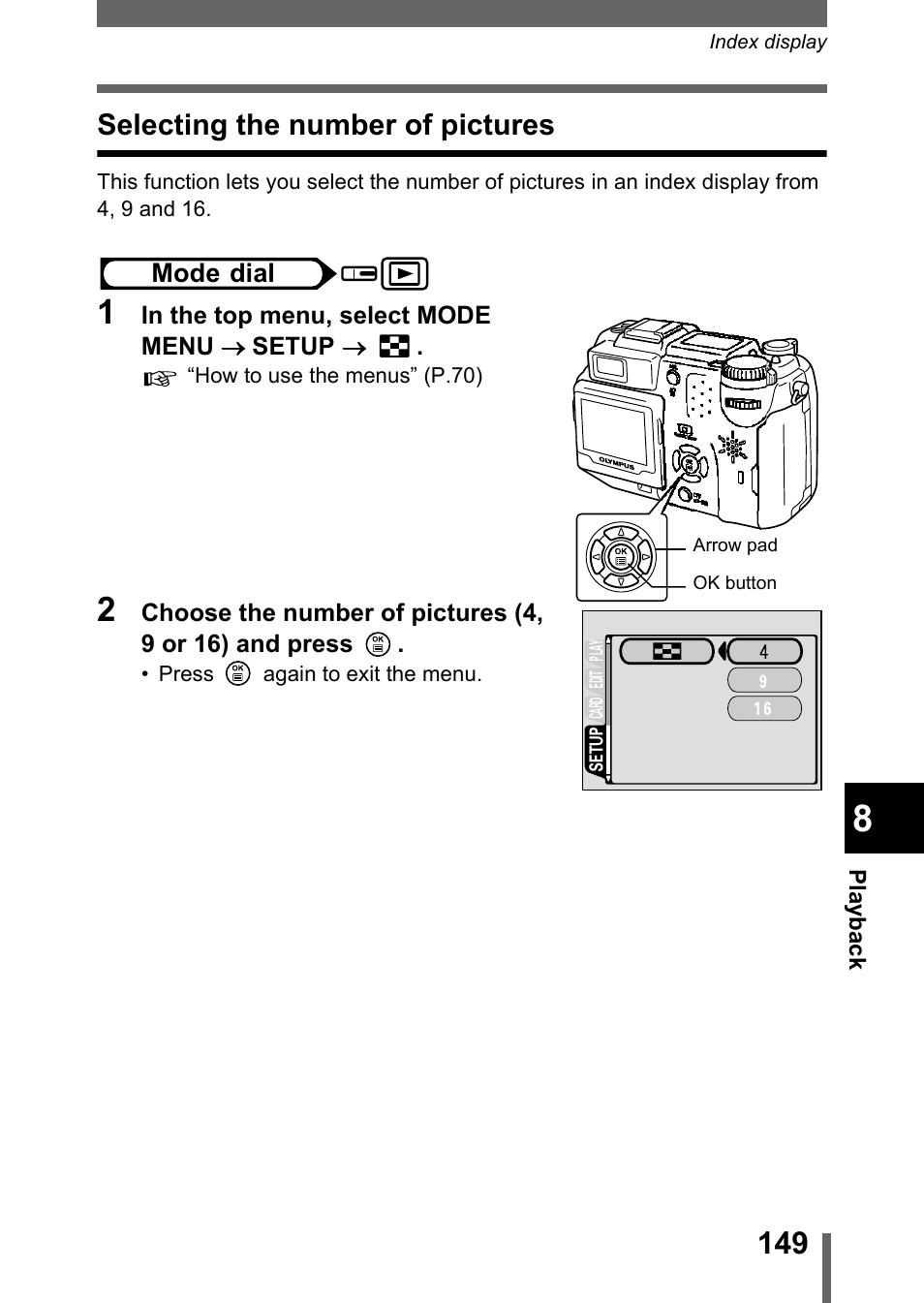 Selecting the number of pictures, P.149 | Olympus C-5050 Zoom User Manual | Page 150 / 268