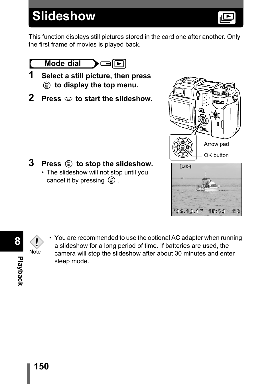 Slideshow, P.150 | Olympus C-5050 Zoom User Manual | Page 151 / 268