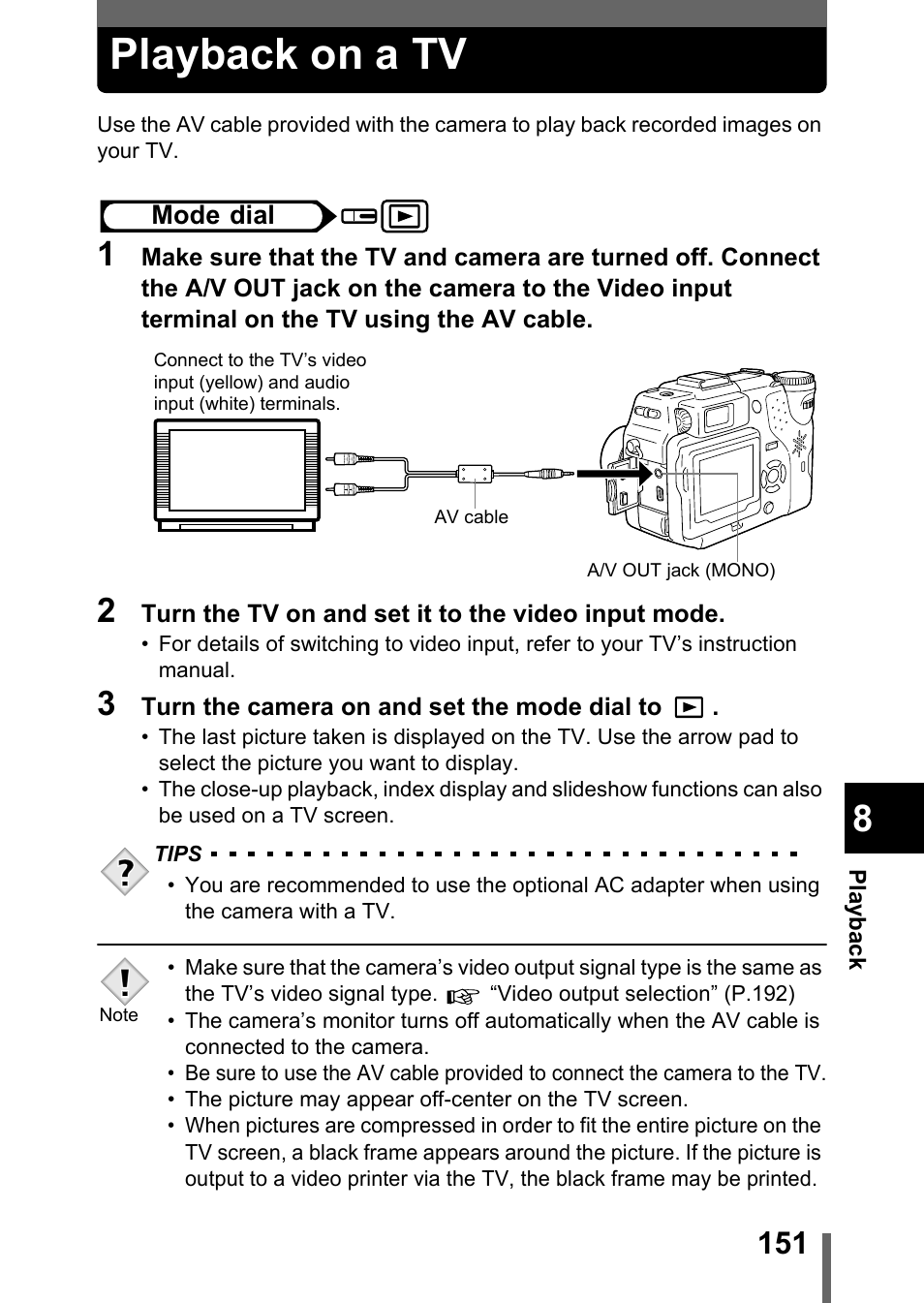 Playback on a tv, P.151 | Olympus C-5050 Zoom User Manual | Page 152 / 268