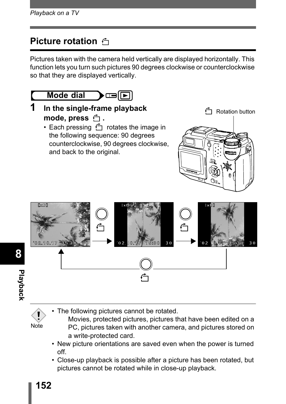 Picture rotation, P.152 | Olympus C-5050 Zoom User Manual | Page 153 / 268
