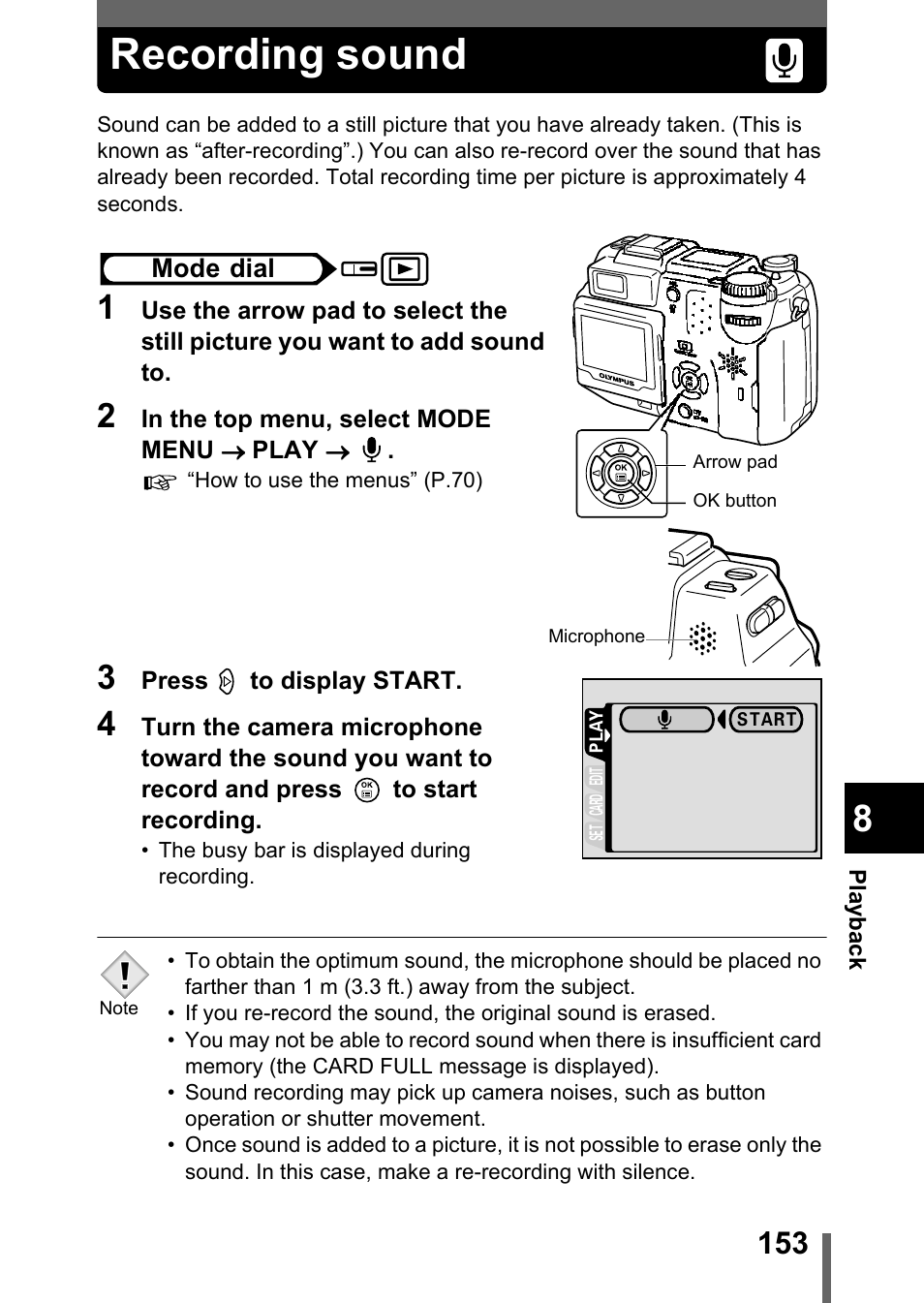 Recording sound, Recording, Sound” (p.153) | P.153 | Olympus C-5050 Zoom User Manual | Page 154 / 268