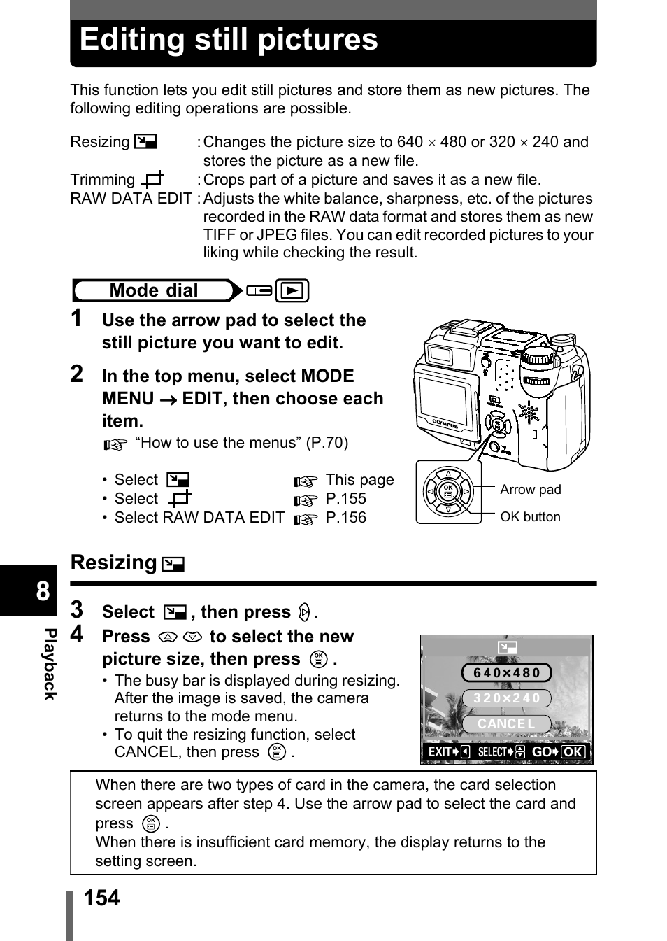 Editing still pictures, Resizing, P.154 | Olympus C-5050 Zoom User Manual | Page 155 / 268