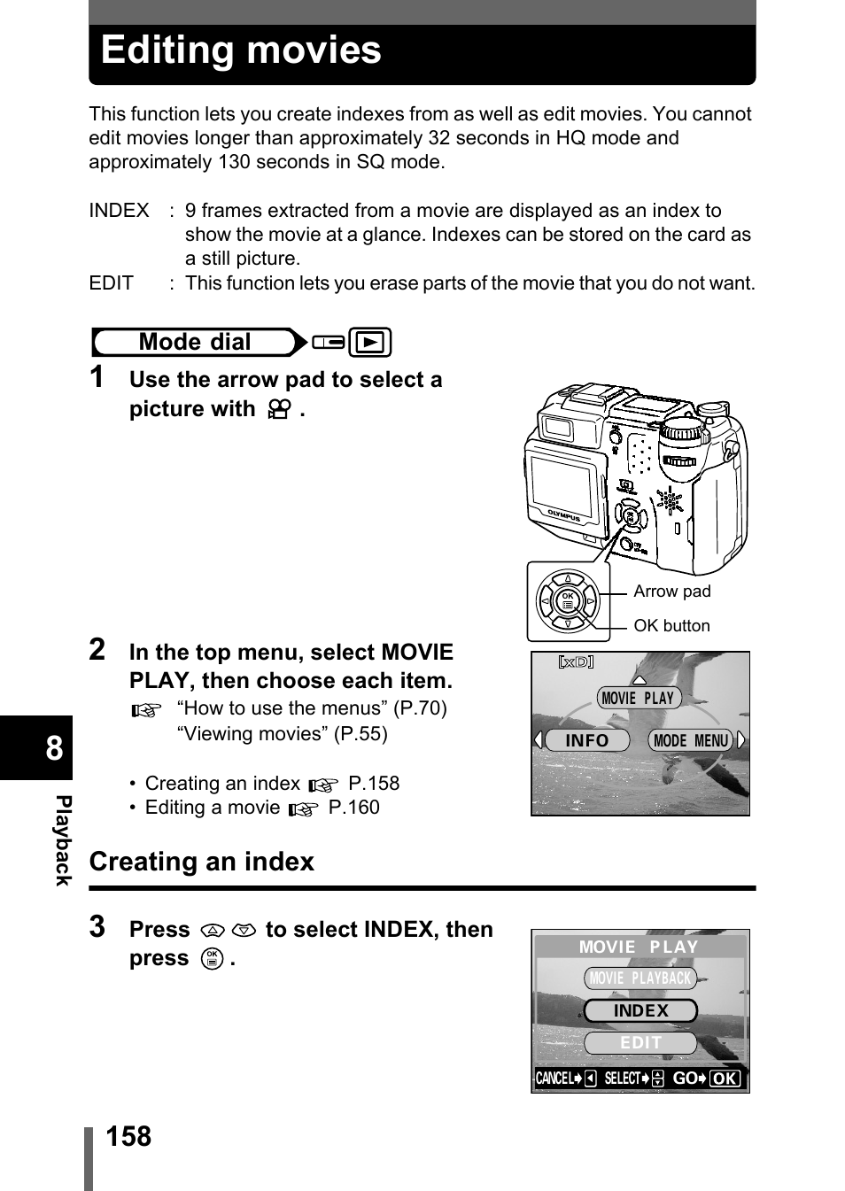 Editing movies, Creating an index, P.158) | P.158 | Olympus C-5050 Zoom User Manual | Page 159 / 268