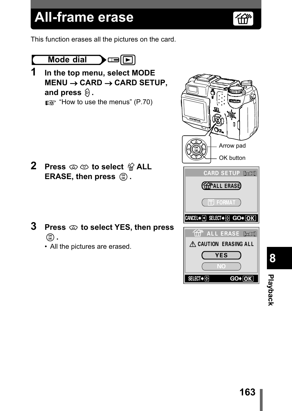 All-frame erase, All-frame erase” (p.163), P.163 | Olympus C-5050 Zoom User Manual | Page 164 / 268